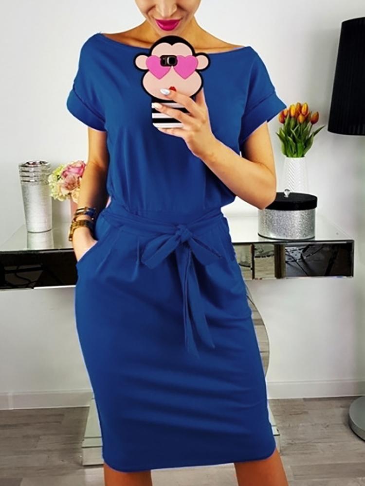 

Stylish Pocket Tie Waist Solid Color Casual Dress, Blue