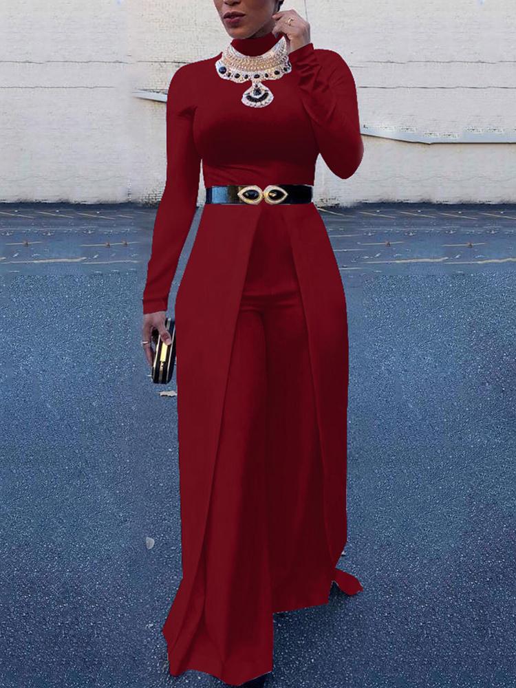 

Women High Neck Wide Leg Jumpsuit, Wine red