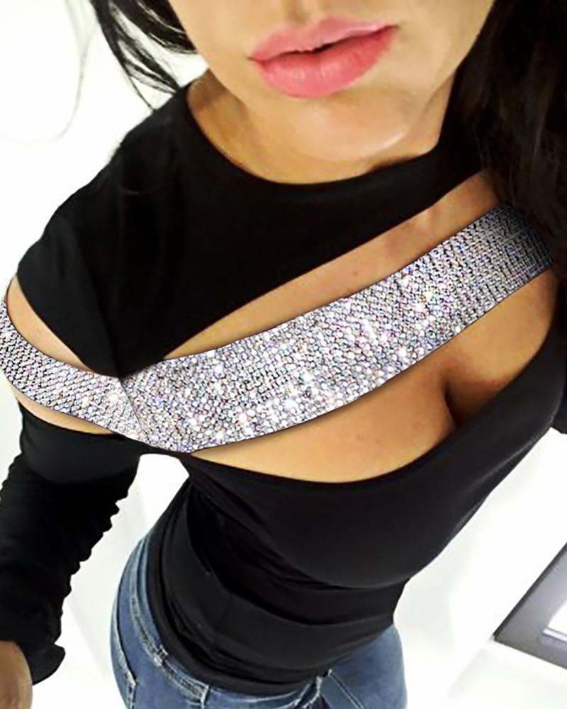 

Hot Drilling Cutout Long Sleeve Top, Black