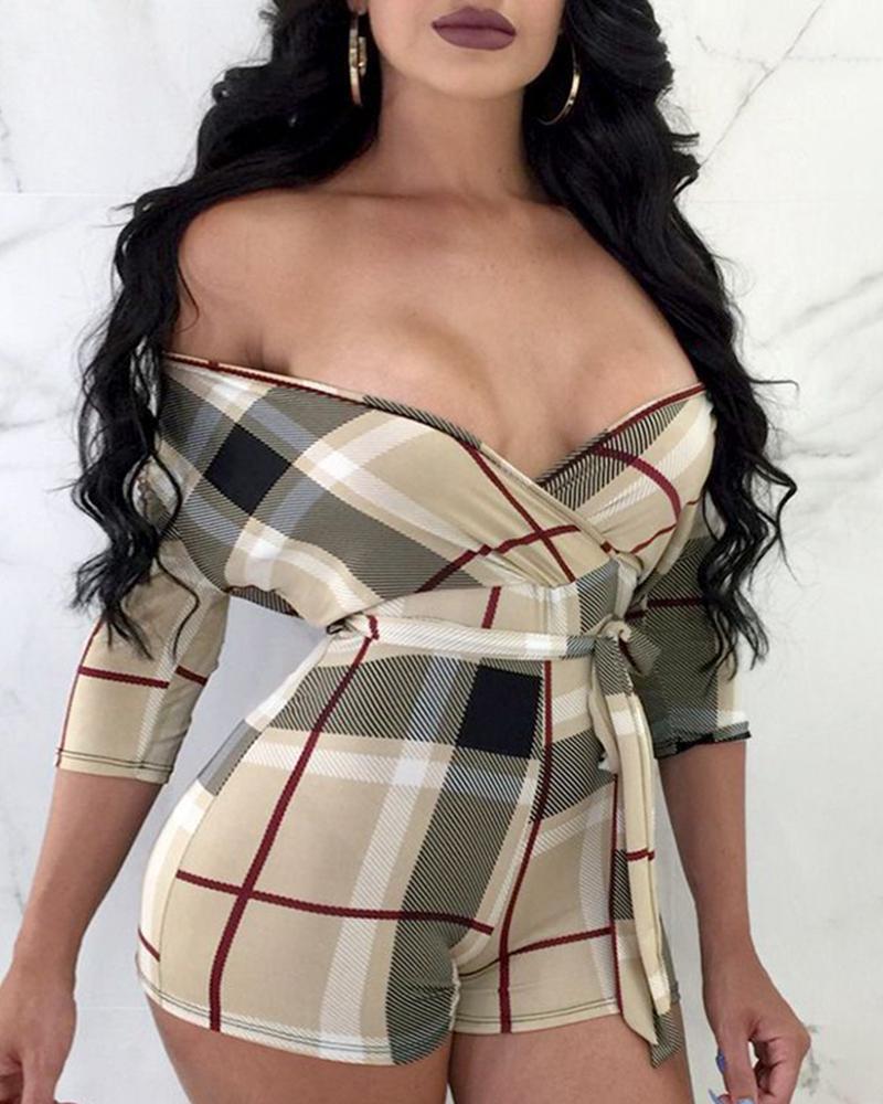 

Grid Print Off Shoulder Long Sleeve Romper, Apricot