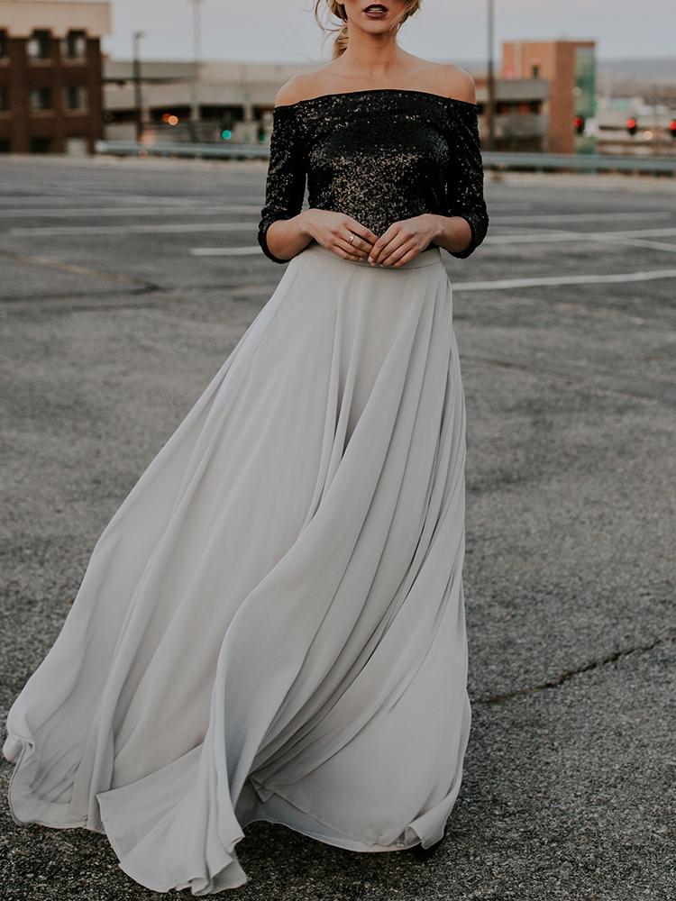 

High Waist Pleated Maxi Skirt, Gray