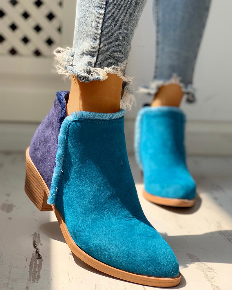 

Solid Fluffy Chunky Heeled Boots, Blue