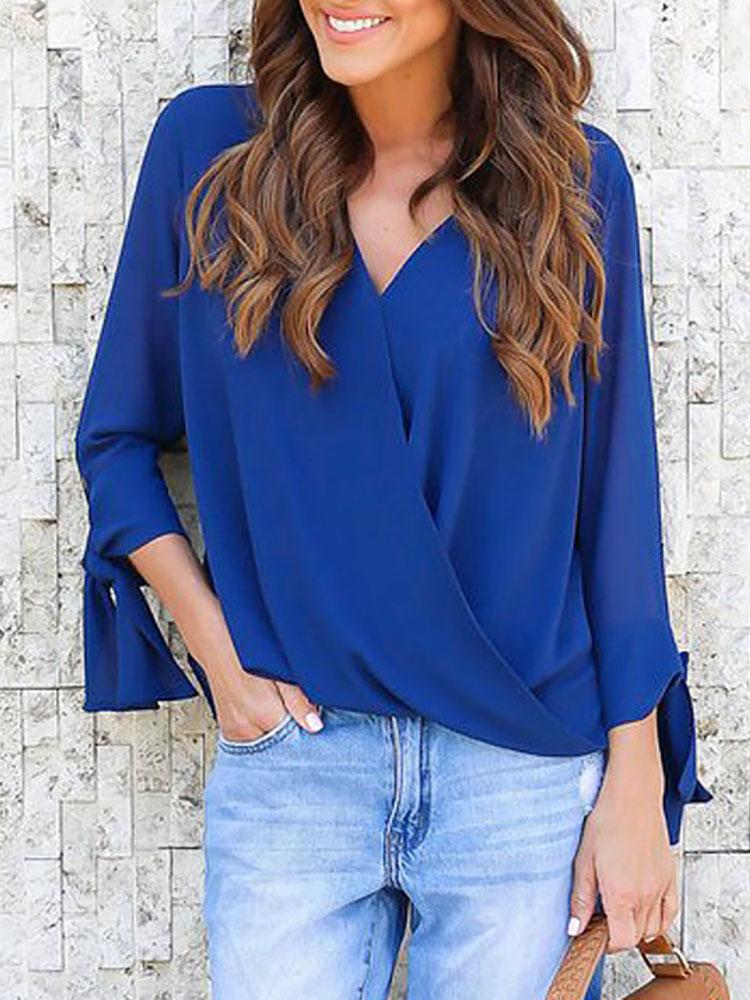

Women V Neck Ruched Tie Sleeve Top, Gray;green;blue;black;hot pink