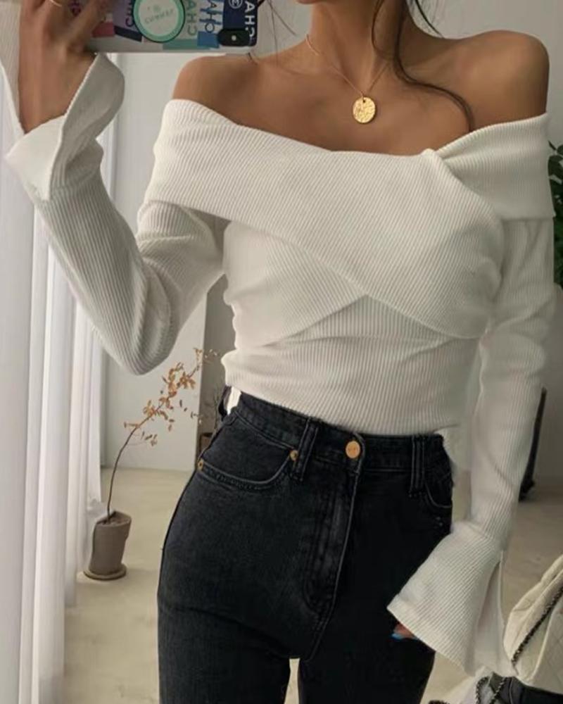 

Off Shoulder Bell Sleeve Solid Knit Top, White