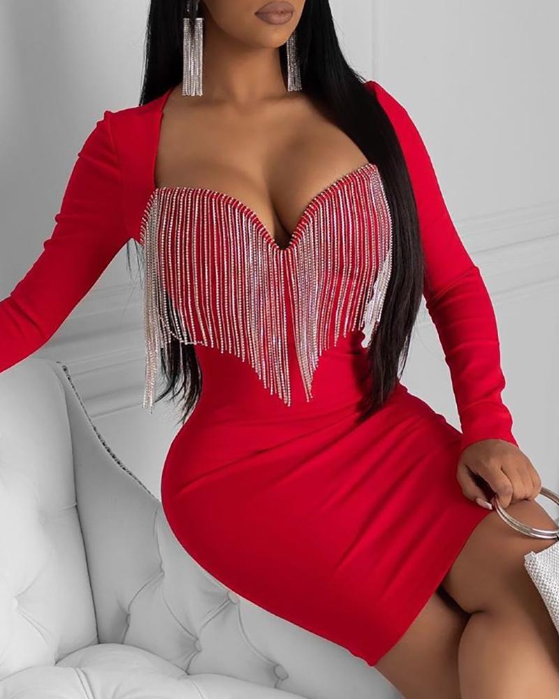 

Sweetheart Neck Tassel Long Sleeve Party Dress, Red