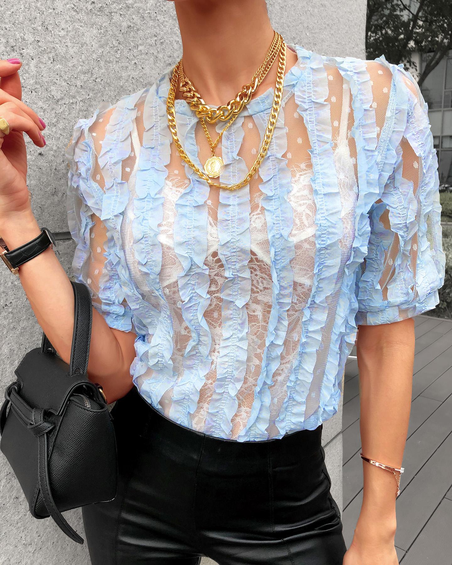 

Sheer Mesh Lace Frill Hem Short Sleeve Top, Blue