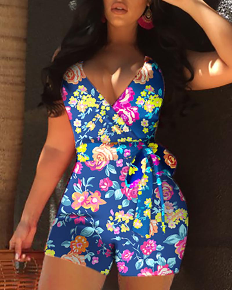 

Floral Print Wrapped Belted Sleeveless Romper, Dark blue