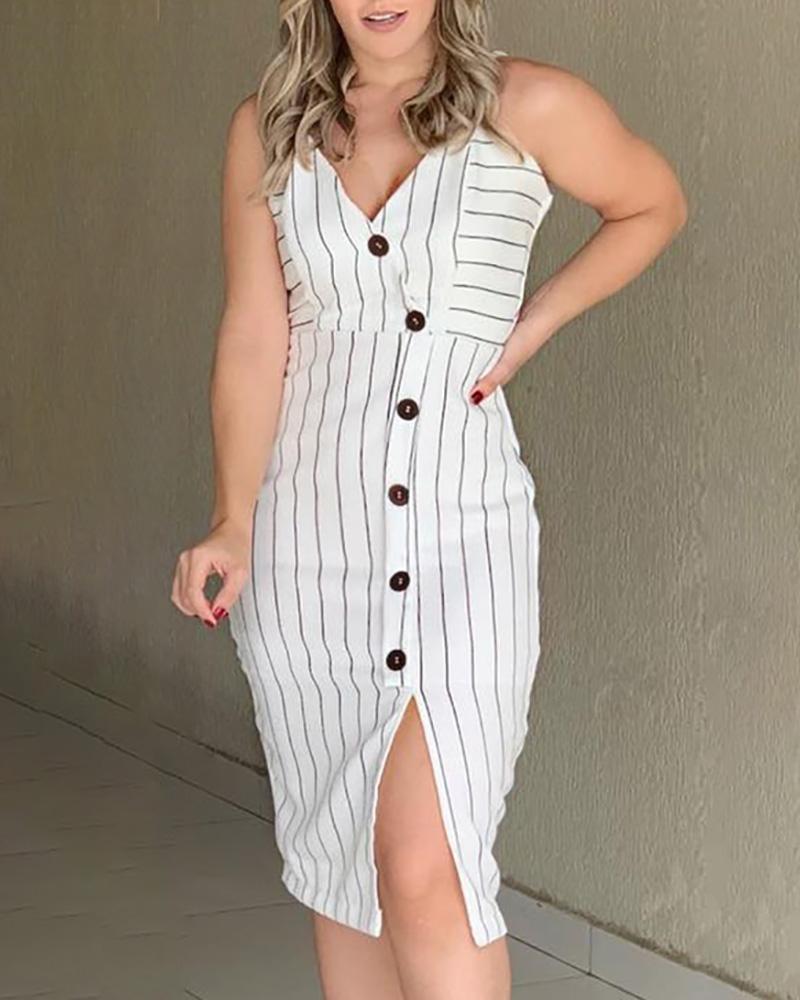 

Striped Spaghetti Strap Button Slit Dress, White