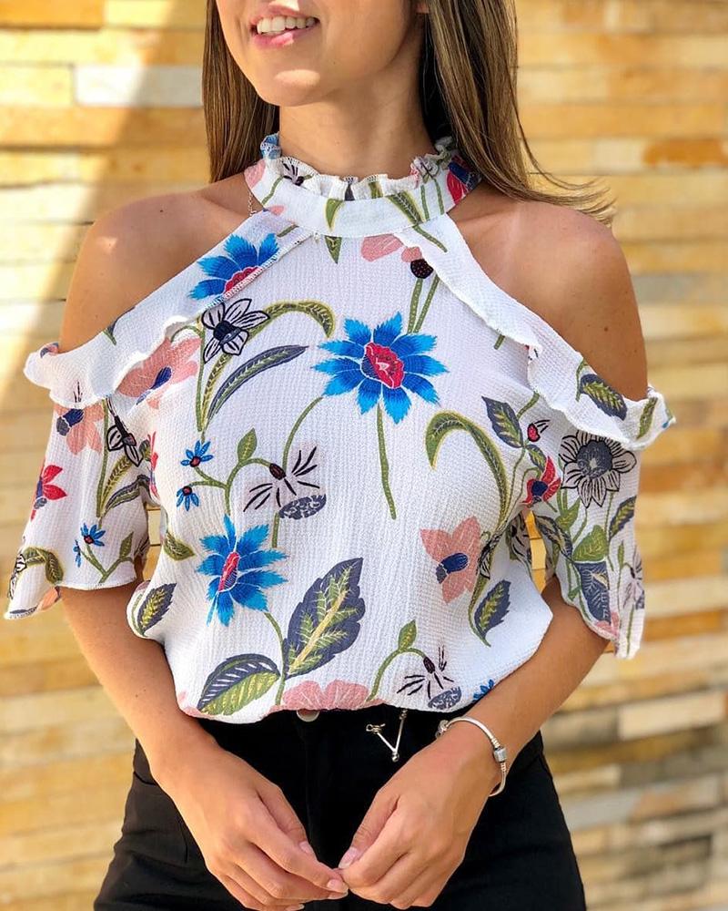 

Cold Shoulder Floral Print Blouse, White