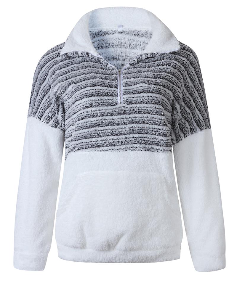 

Colorblock Zip Front Teddy Top, Black