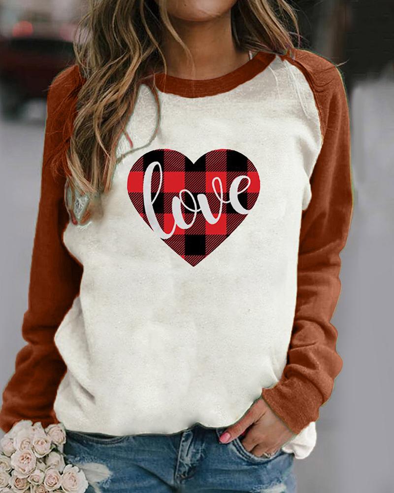 

Valentine' Heart Print Long Sleeve Sweatshirt, Khaki