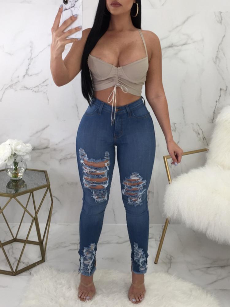 

Fringe Hem Ripped Skinny Pencil Jeans