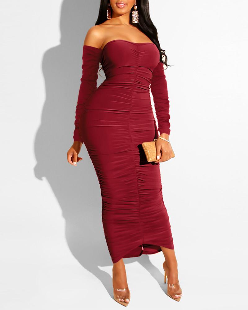 

Solid Off Shoulder Bodycon Ruched Dress, Wine red