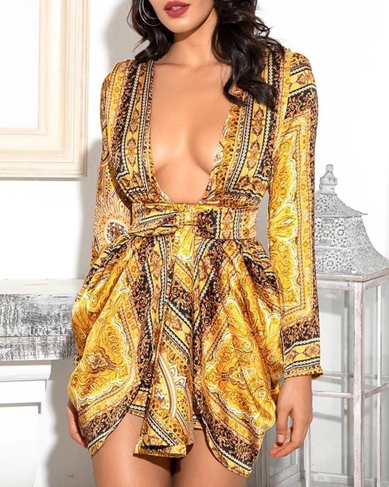 

Retro Print Long Sleeve Tight Waist Dress