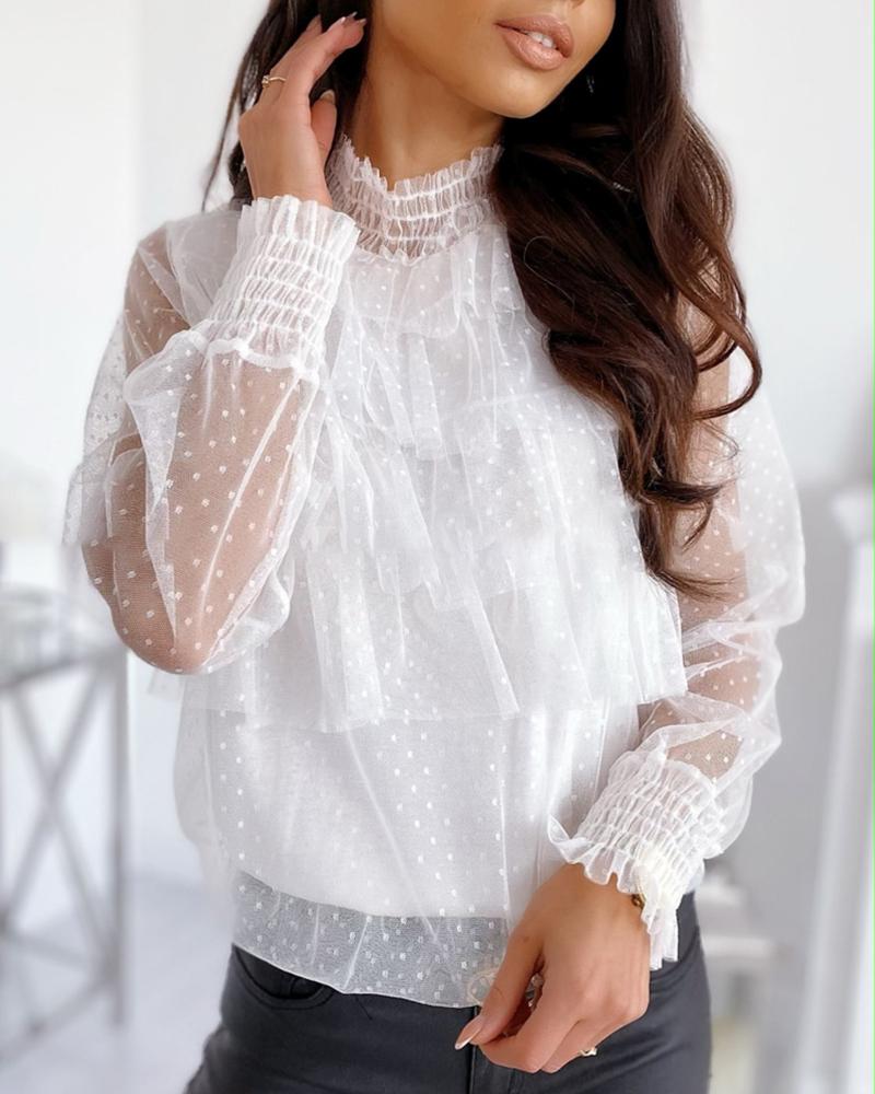 

Semi Sheer Mesh Dot Casual Blouse, White