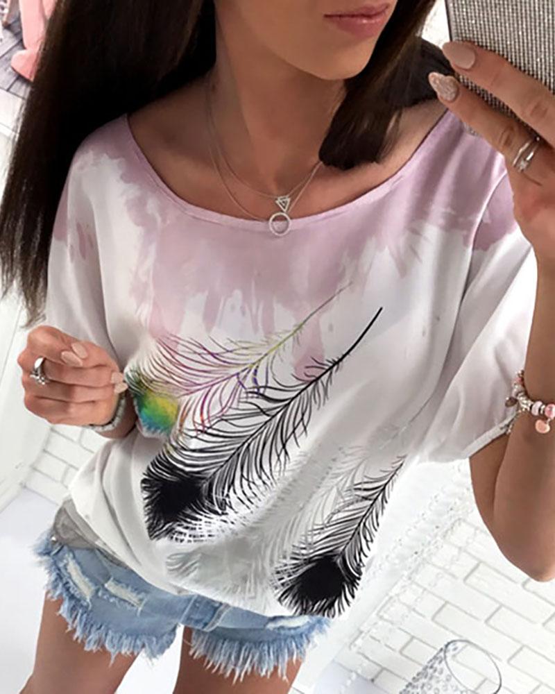 

Feather Printed Short Sleeve Casual T-Shirt, Pink