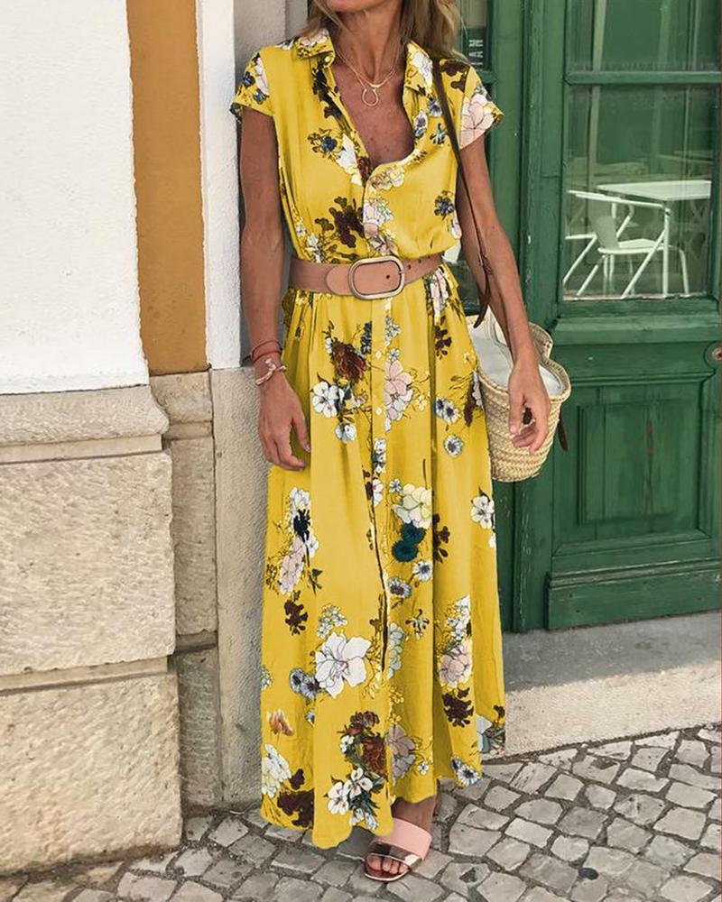 

Short Sleeve Floral Print Shirt Maxi Dress, Yellow
