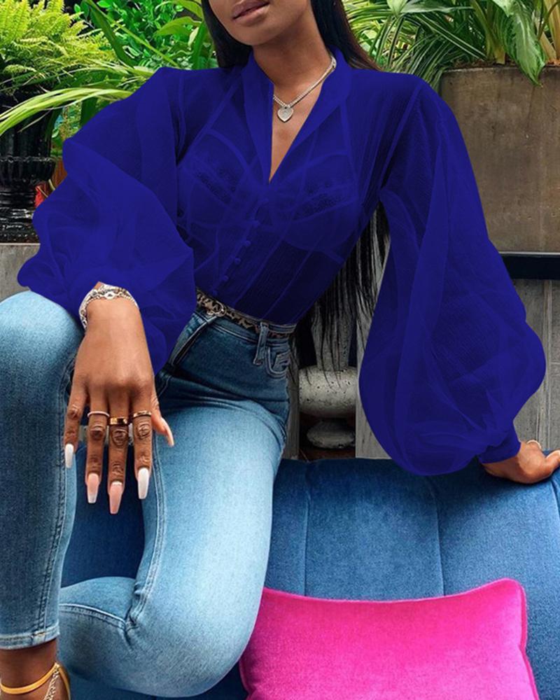 

Solid See Through Lantern Sleeve Shirt, Dark blue