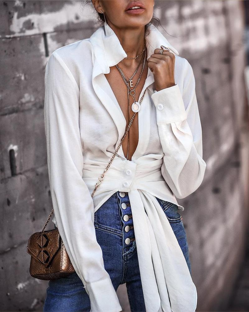 

Solid Ruched Knotted Design Casual Shirt, White