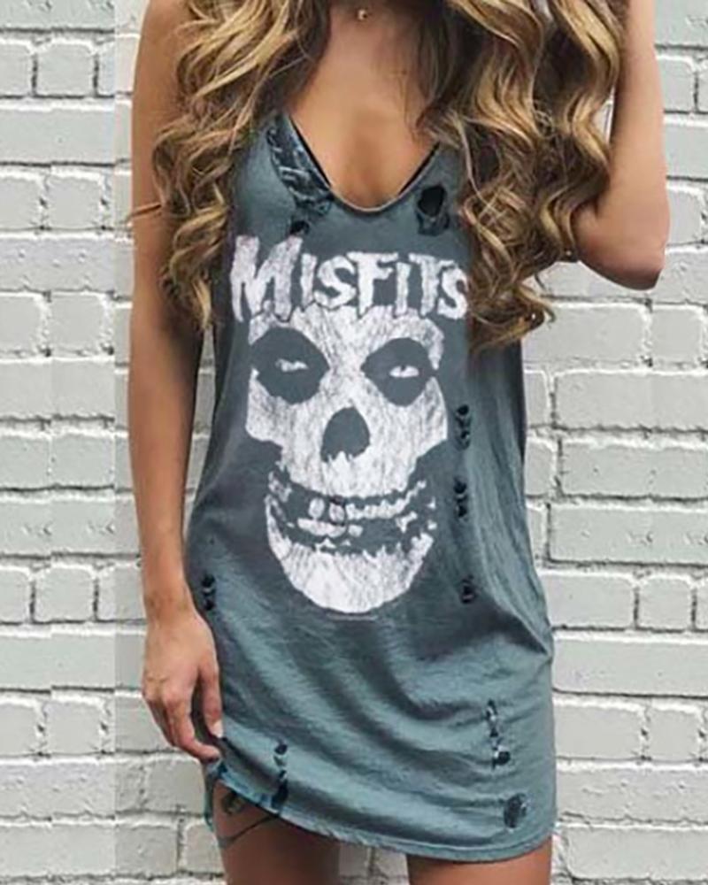 

V-neck Sleeveless Print Cut Out T-shirt, Gray