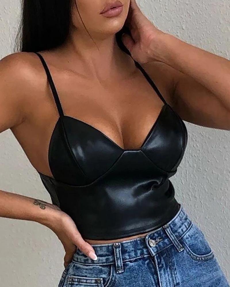 

Solid Spaghetti Strap Zipper Design PU Crop Tank, Black