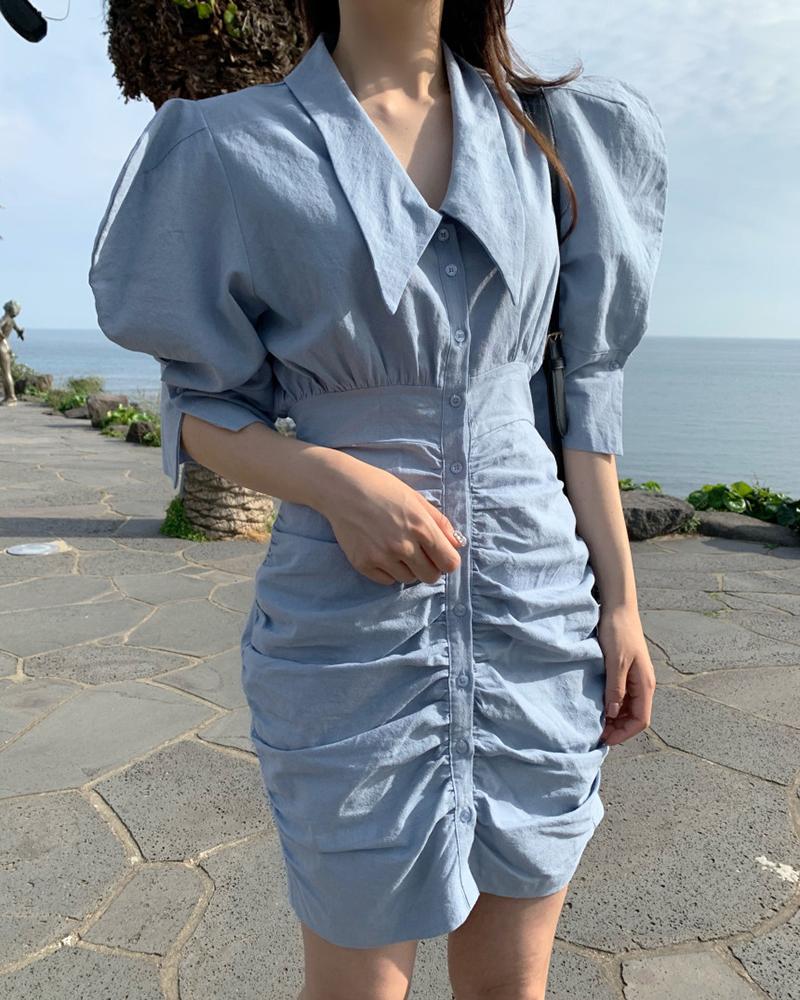 

Puff Sleeve Ruched Design Dress, Blue