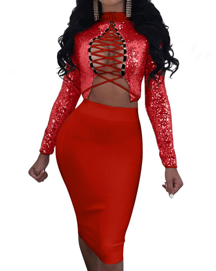 

Reversible Sequins Lace-Up Cropped Two-Pieces Dress, Red