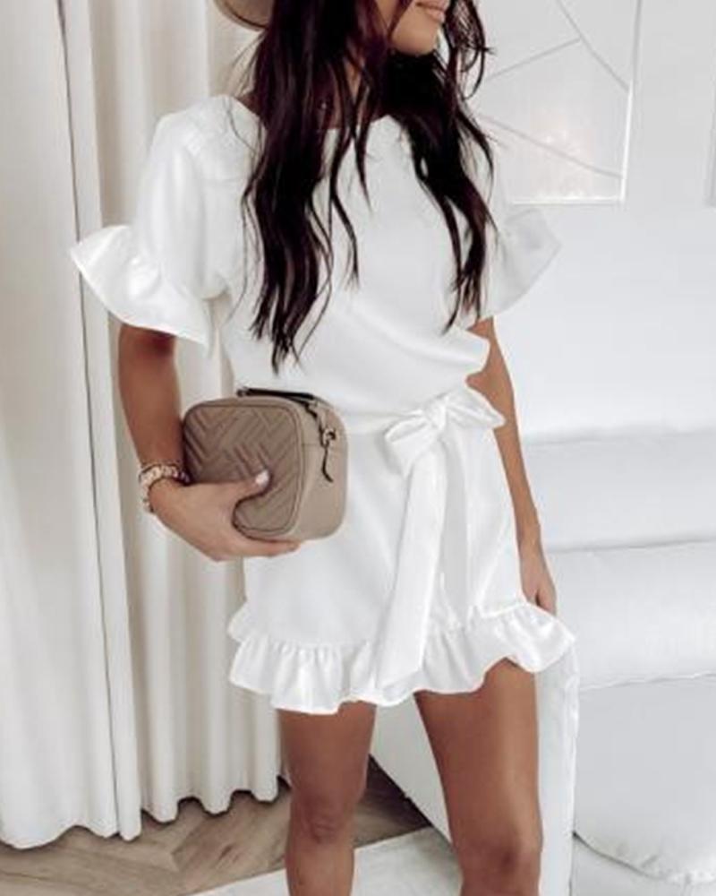 

Ruffle Trim Tie Waist Casual Mini Dress, White
