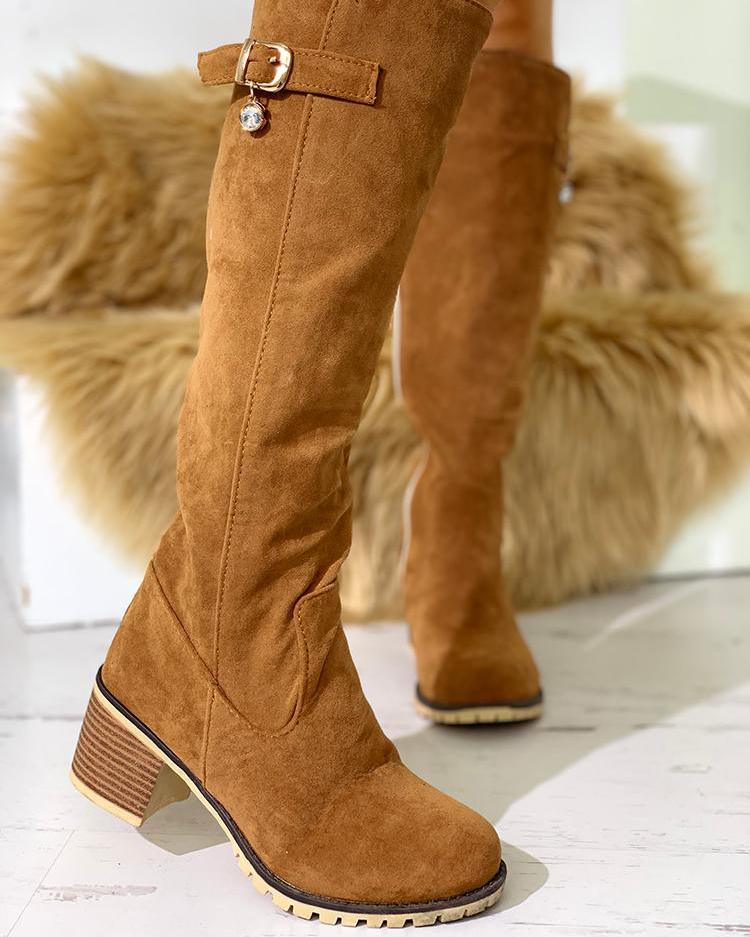 

Buckle Side Over Knee Chunky Heel Boots, Apricot