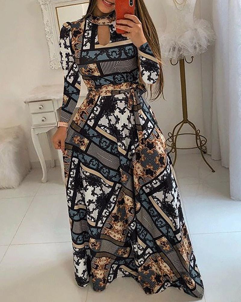 

Cutout Print Maxi Long Sleeve Dress, Blue