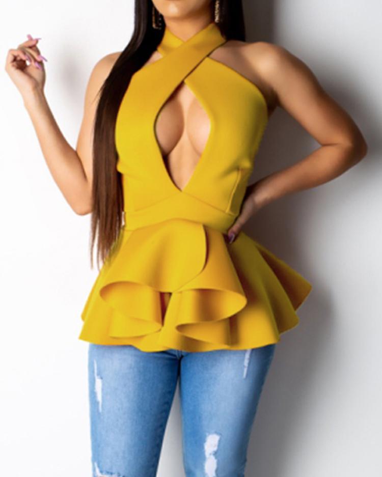 

Crisscross Halter Cutout Ruffles Blouse, Yellow