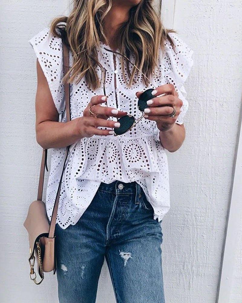 

Hollow Ruffled Broderie Lace Women's Blouse