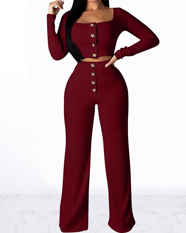 

Single Breasted Crop Top & Pants Set, Wine red