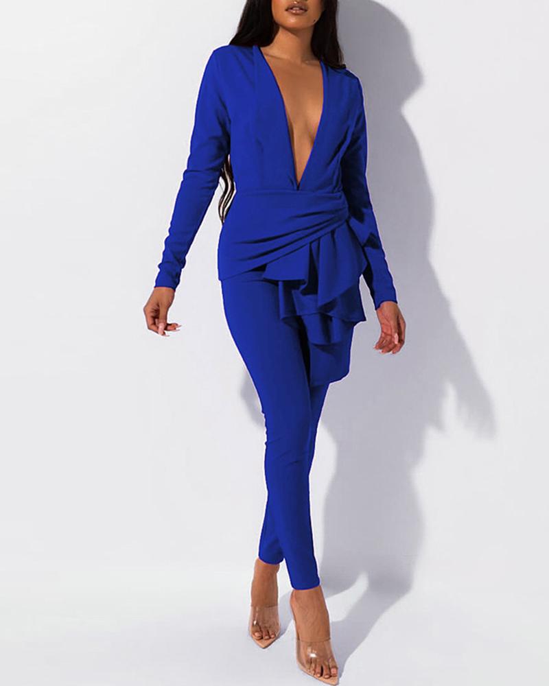 

Solid Plunge Ruffles Top & Pants Sets, Blue