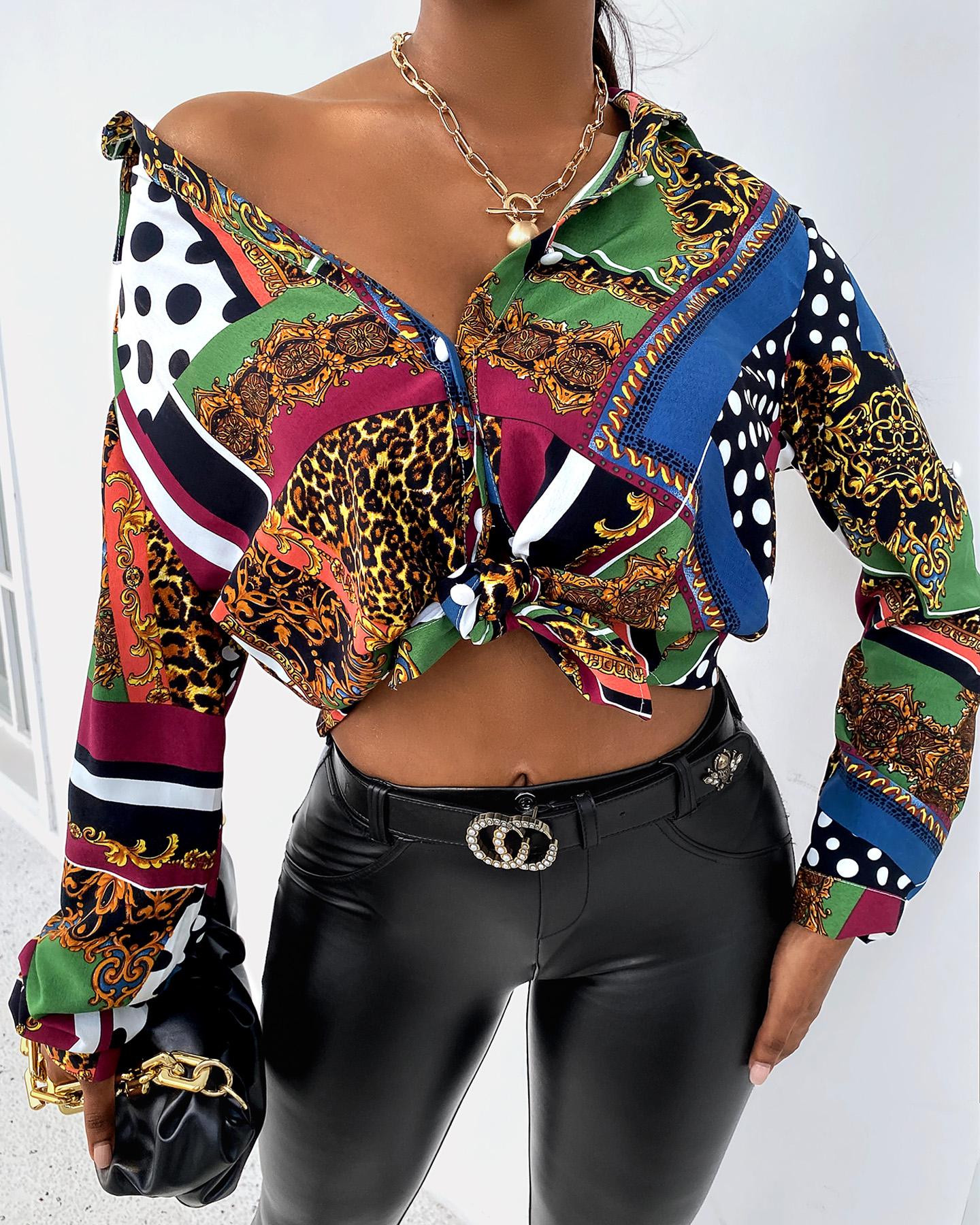 

Cheetah Print Colorblock Buttoned Long Sleeve Shirt, Multicolor