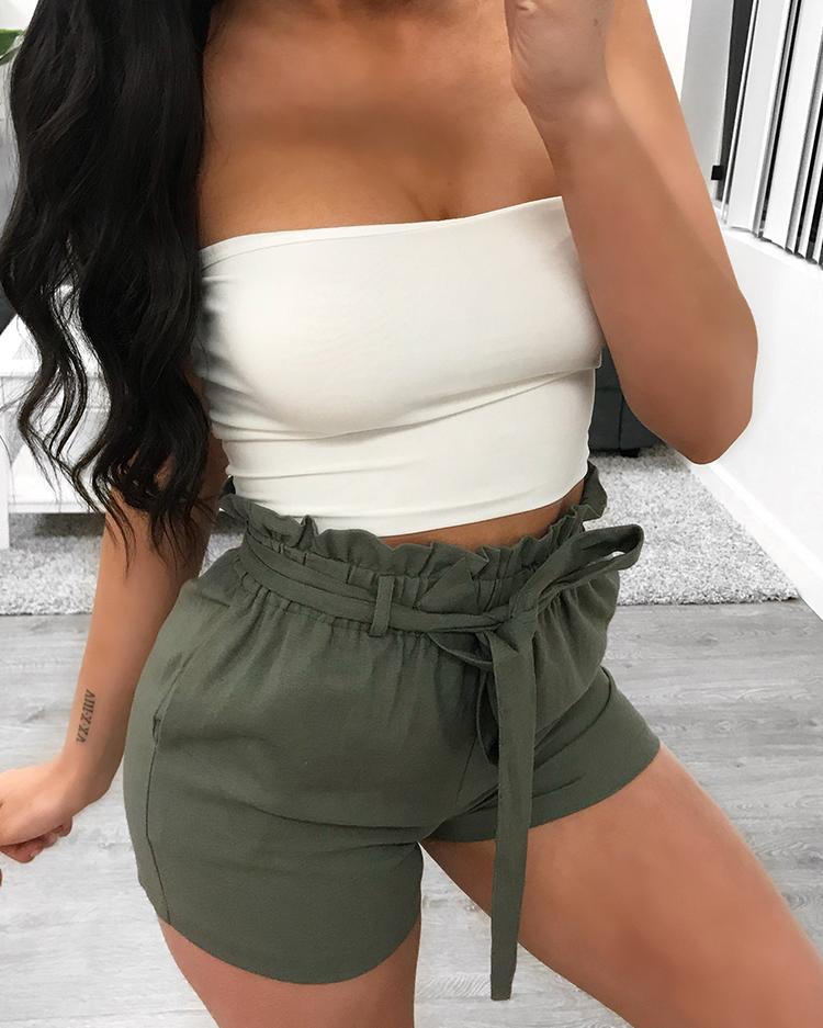 

Solid Frill Waist High Waist Shorts, Black