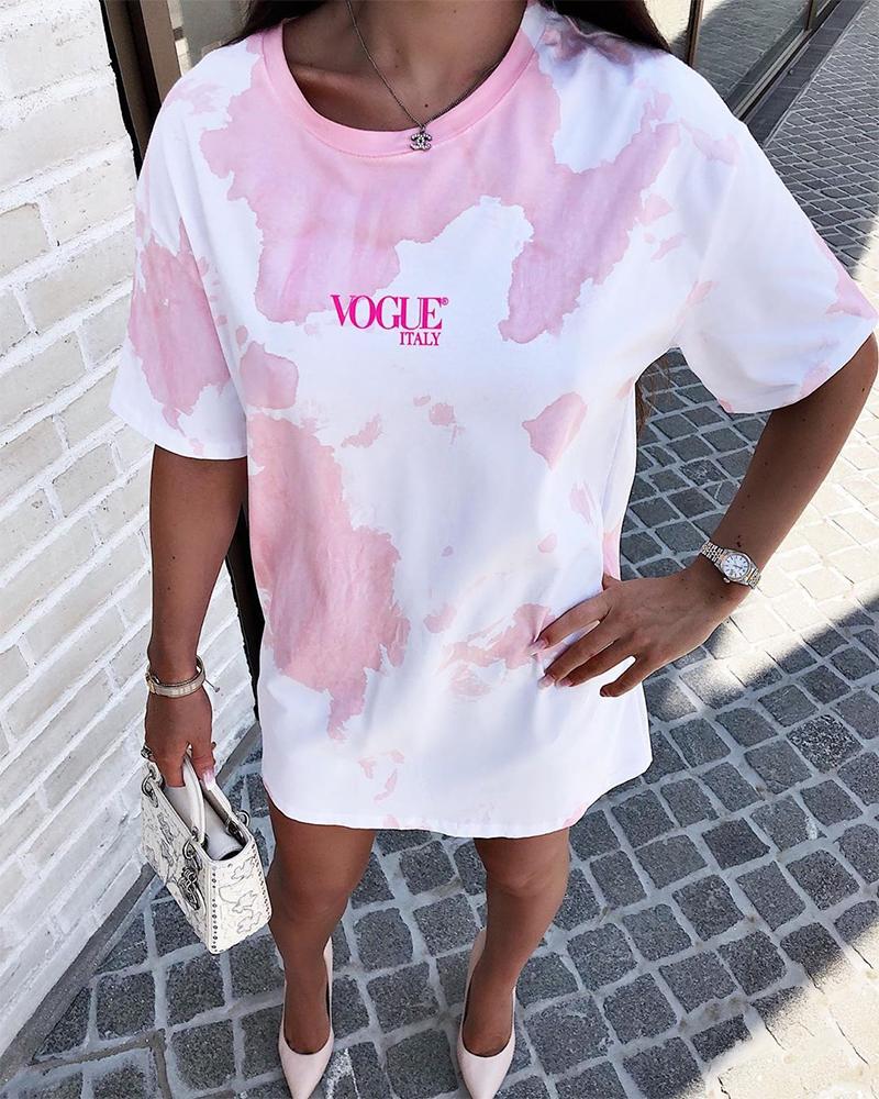 

Letter Print Short Sleeve Top, Pink