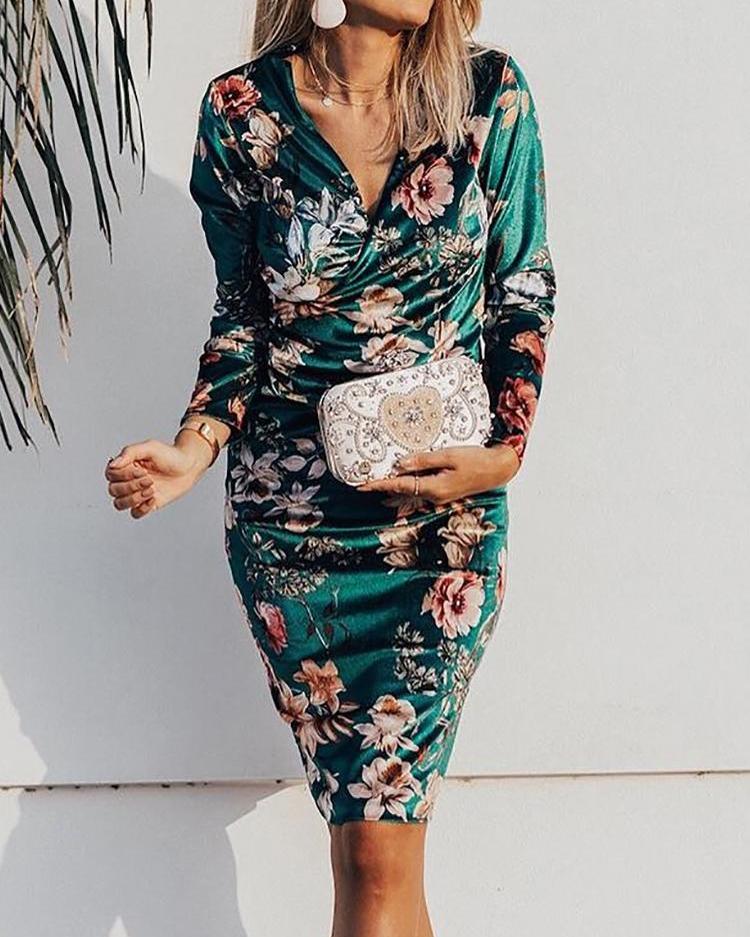 

Velvet Floral Print Wrap Midi Dress