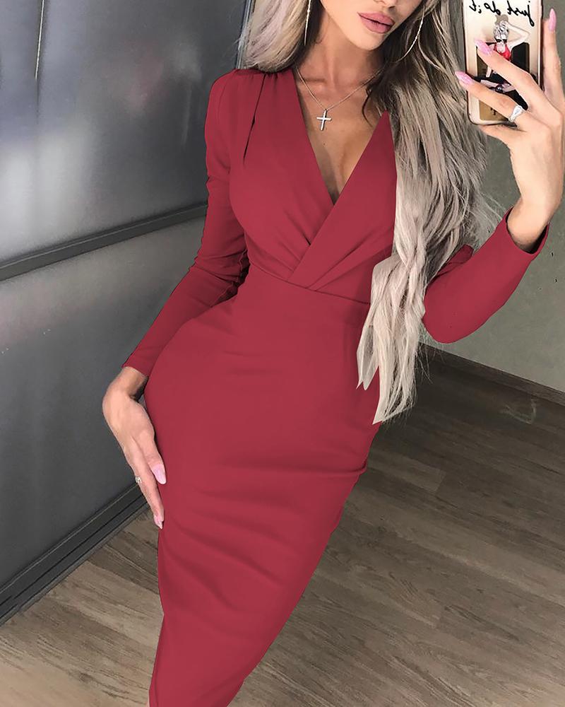 

Deep V Pleated Bag Hip Long Sleeve Dress, Red