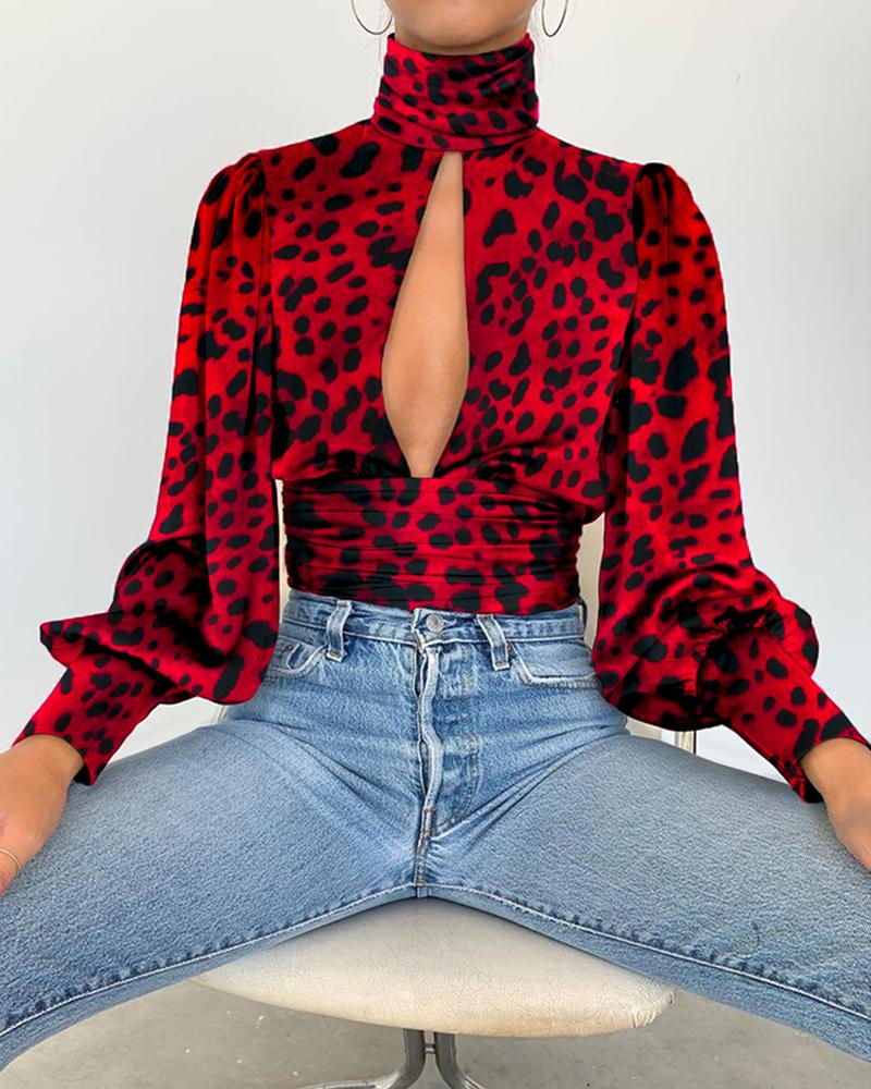 

Leopard Cut Out Chest Backless Tied Blouse, Red
