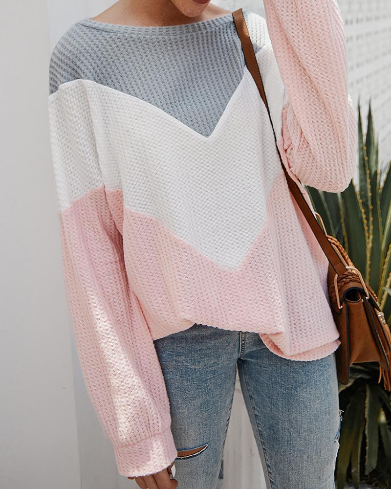 

Colorblock Long Sleeve Casual Sweater, Pink