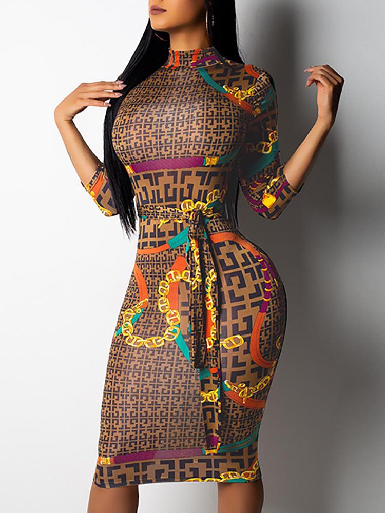 

Digital Print Belted Midi Dress, Brown