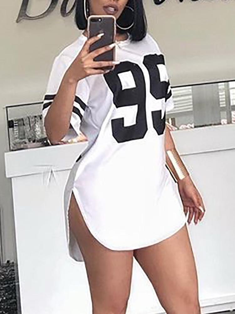 

Side Split Letter Print Curved Hem Casual Dress