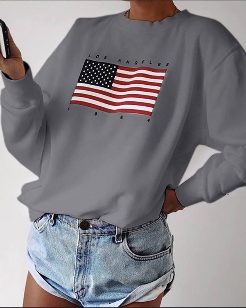 

Flag Print Long Sleeve Casual Top, Gray