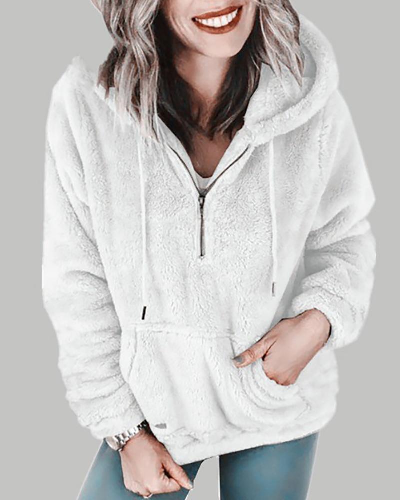 

Hooded Zipper Design Drawstring Fluffy Sweatshirt, White