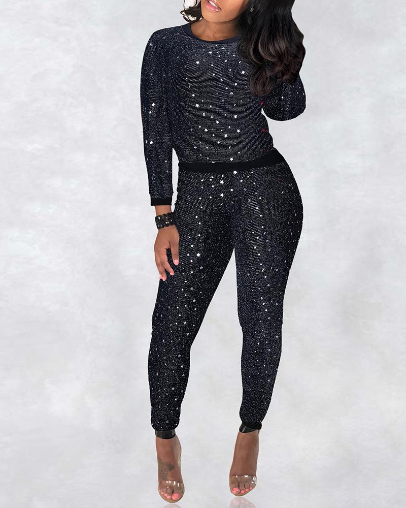 

Glitter Long Sleeve Top & Pants Sets, Black