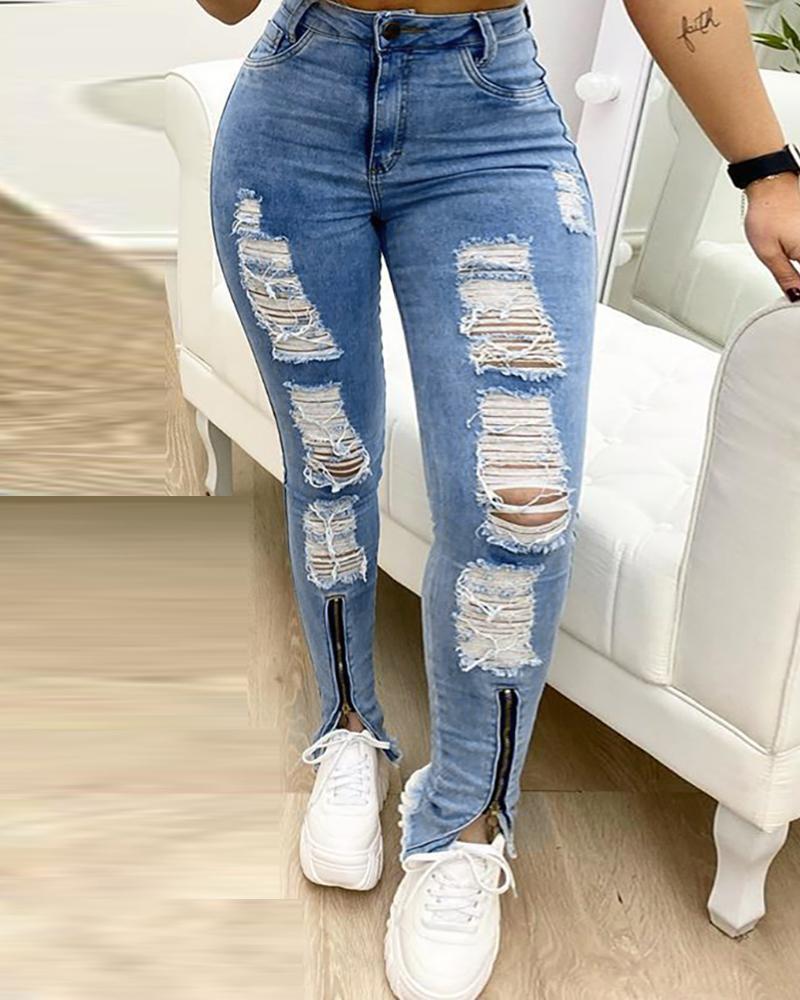 

Ripped Fringe Hem Cutout Zip Denim Pants, Blue