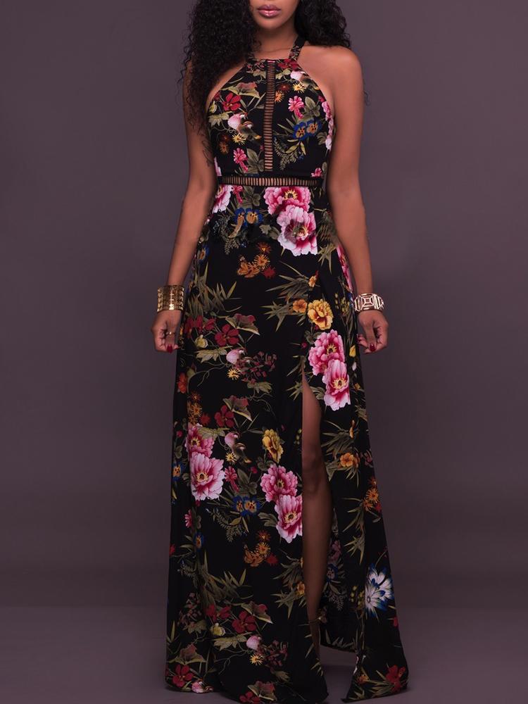 

Vintage Floral Halter Backless High Slit Maxi Dress