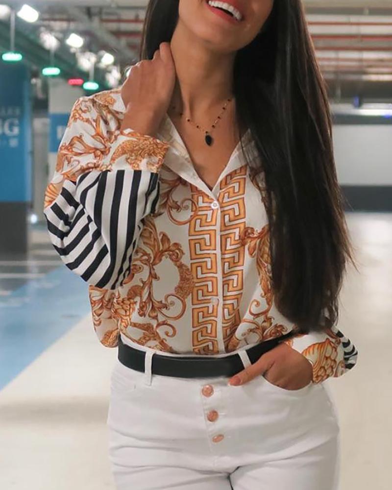 

Retro Striped Print Long Sleeve Shirt, Yellow