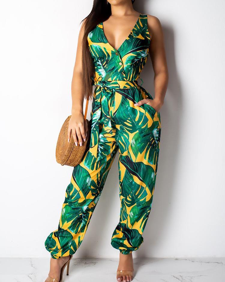 

Leaf Print Pocket Design Jumpsuit, Green